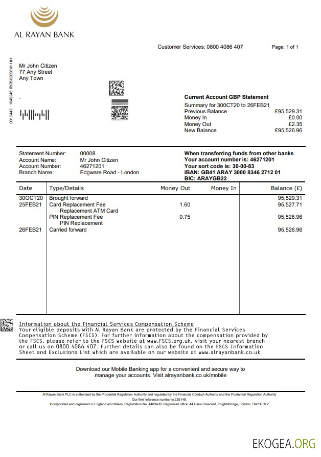 Modèle de relevé bancaire du Royaume Uni Al Rayan au format Word et PDF